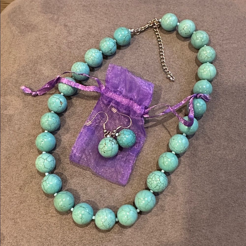 Turquoise Glass Beads Necklace Earrings Set
